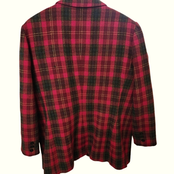 Vintage wool blend blazer red tartan plaid 3/4 sleeves 2 button closure women 16 - Picture 7 of 7